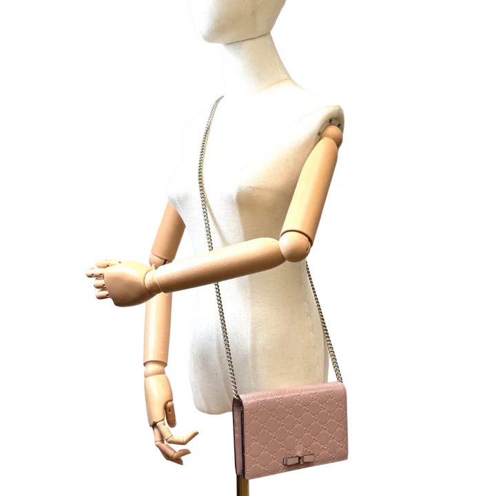 Pink Guccissima Leather Bow Flap Wallet on Chain