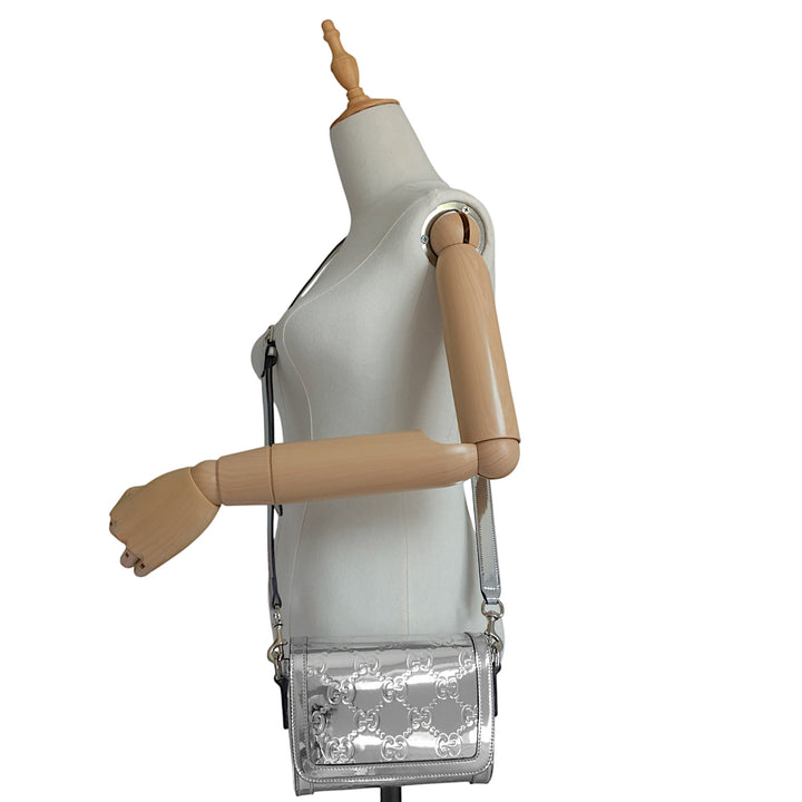 Embossed GG Mini Metallic Silver Leather Bag