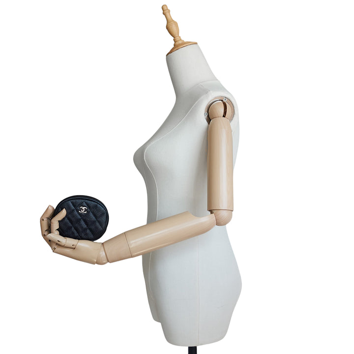 Round Quilted Iridescent Caviar Leather Coin Purse