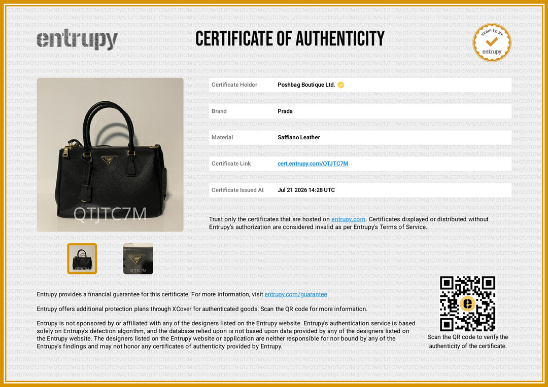A certificate of authenticity document for a Proda leather handbag, featuring the Entrupy brand logo, product details, a small photo of a black handbag, and a QR code on a white background with a gold border.