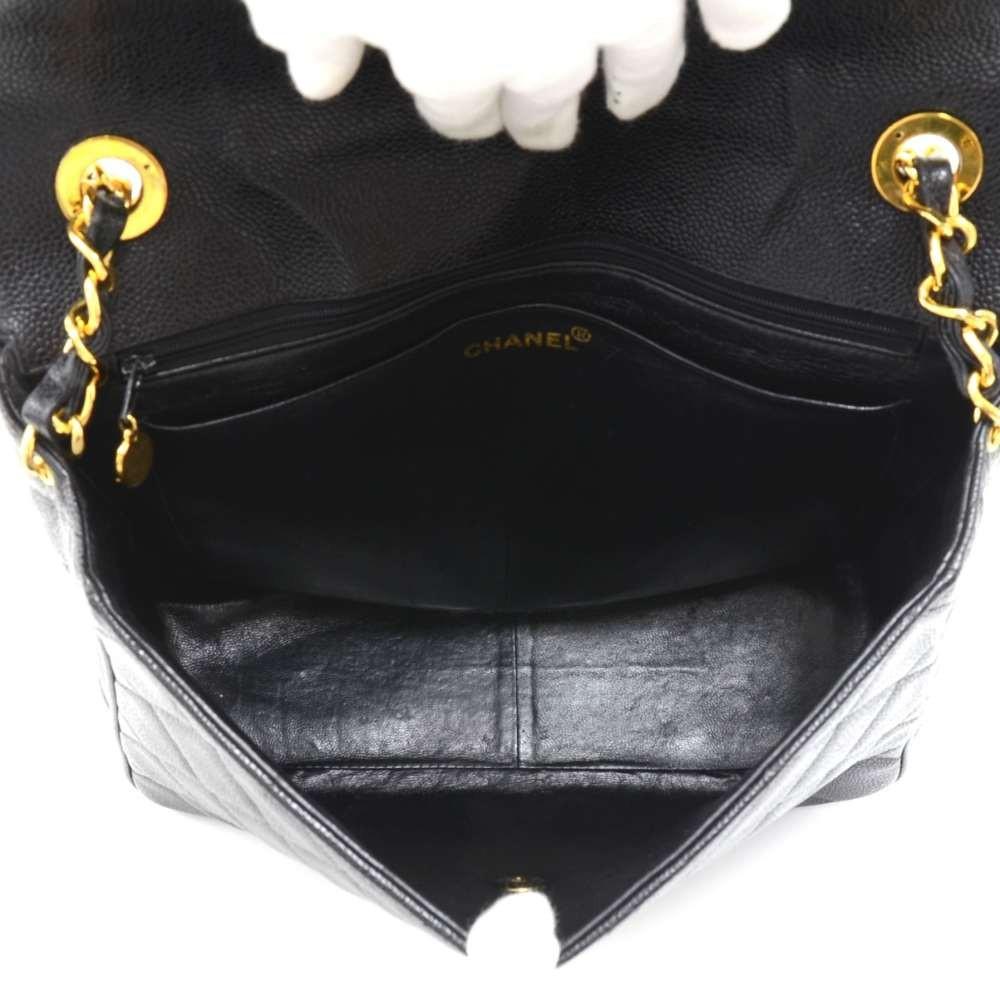 large single flap quilted caviar leather shoulder bag