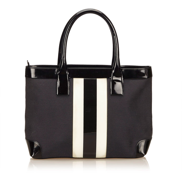 canvas and patent leather striped tote bag