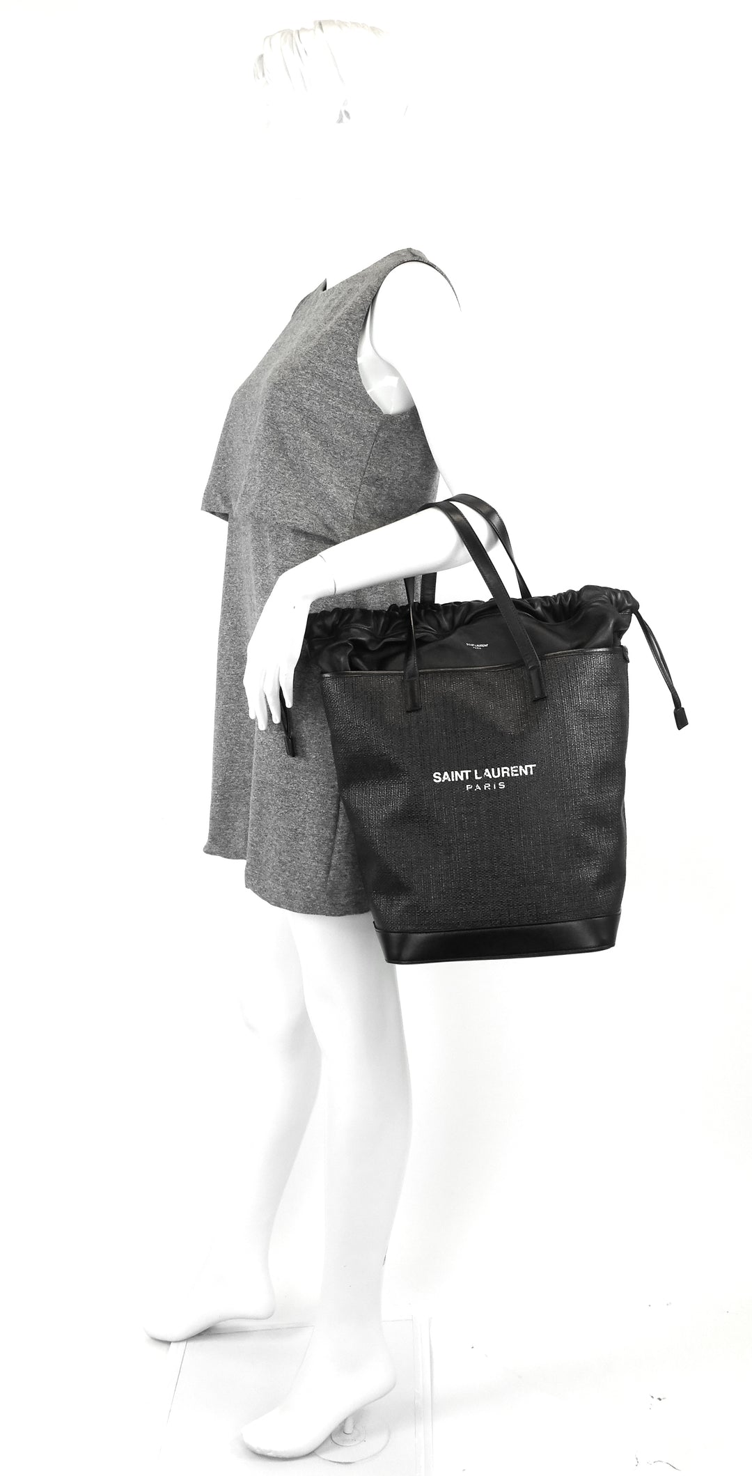 teddy medium canvas and leather drawstring shopping tote bag