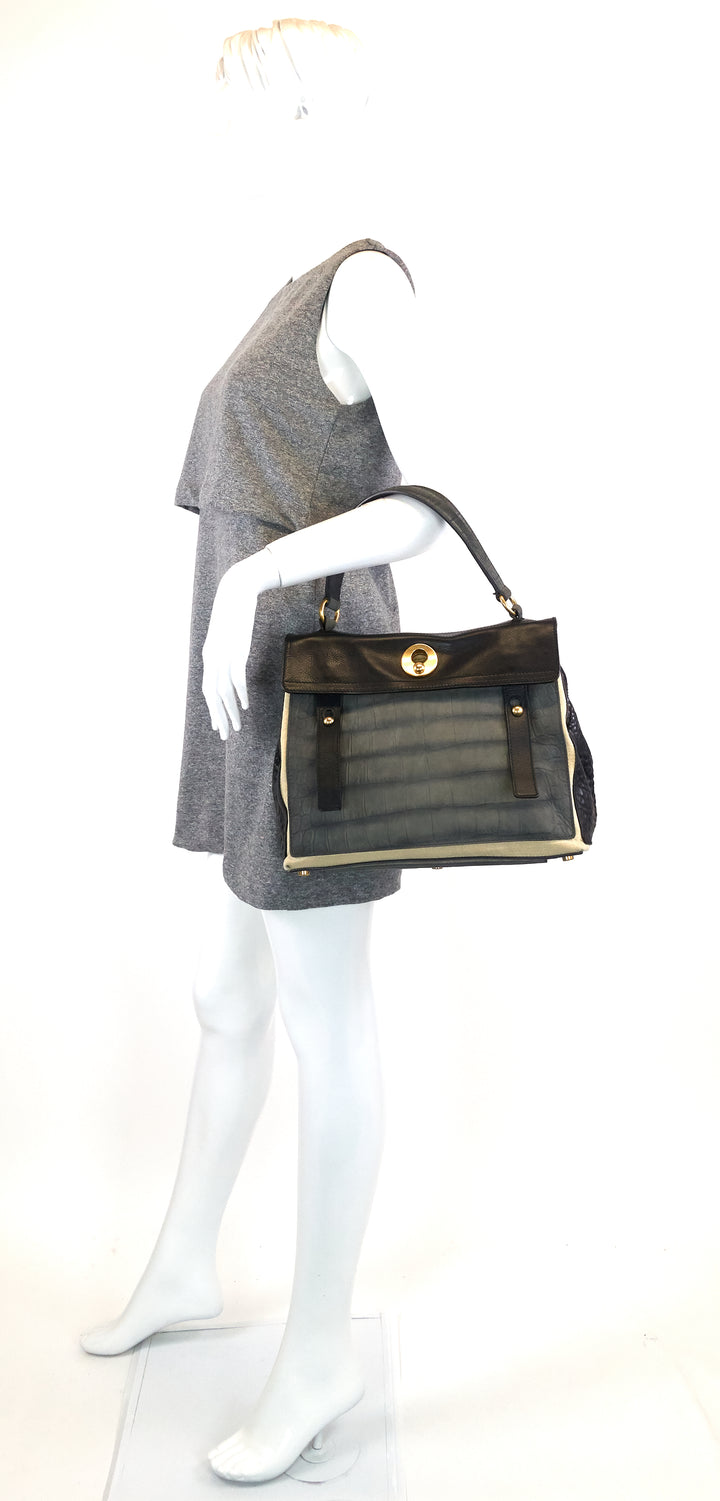 muse two-tone leather, suede and canvas handbag