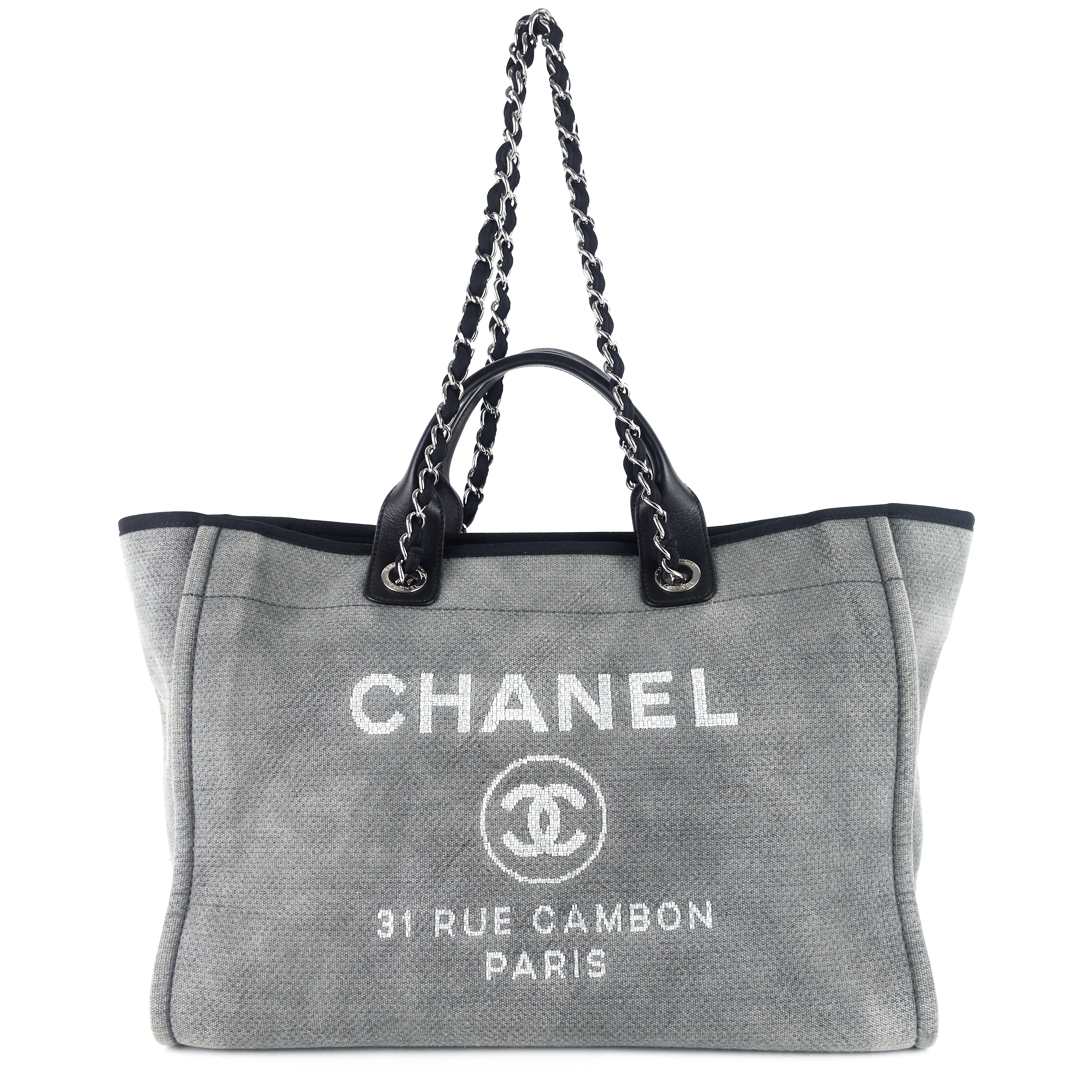 Chanel Small Deauville Shopping Bag Blue and Beige Boucle Light Gold Hardware Beige Madison Avenue Couture