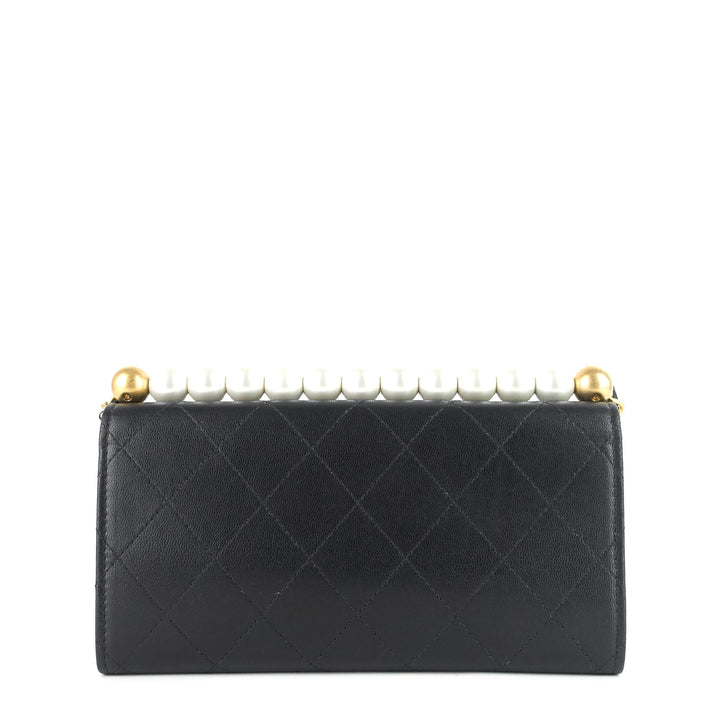 chic pearls flap goatskin leather clutch with chain bag