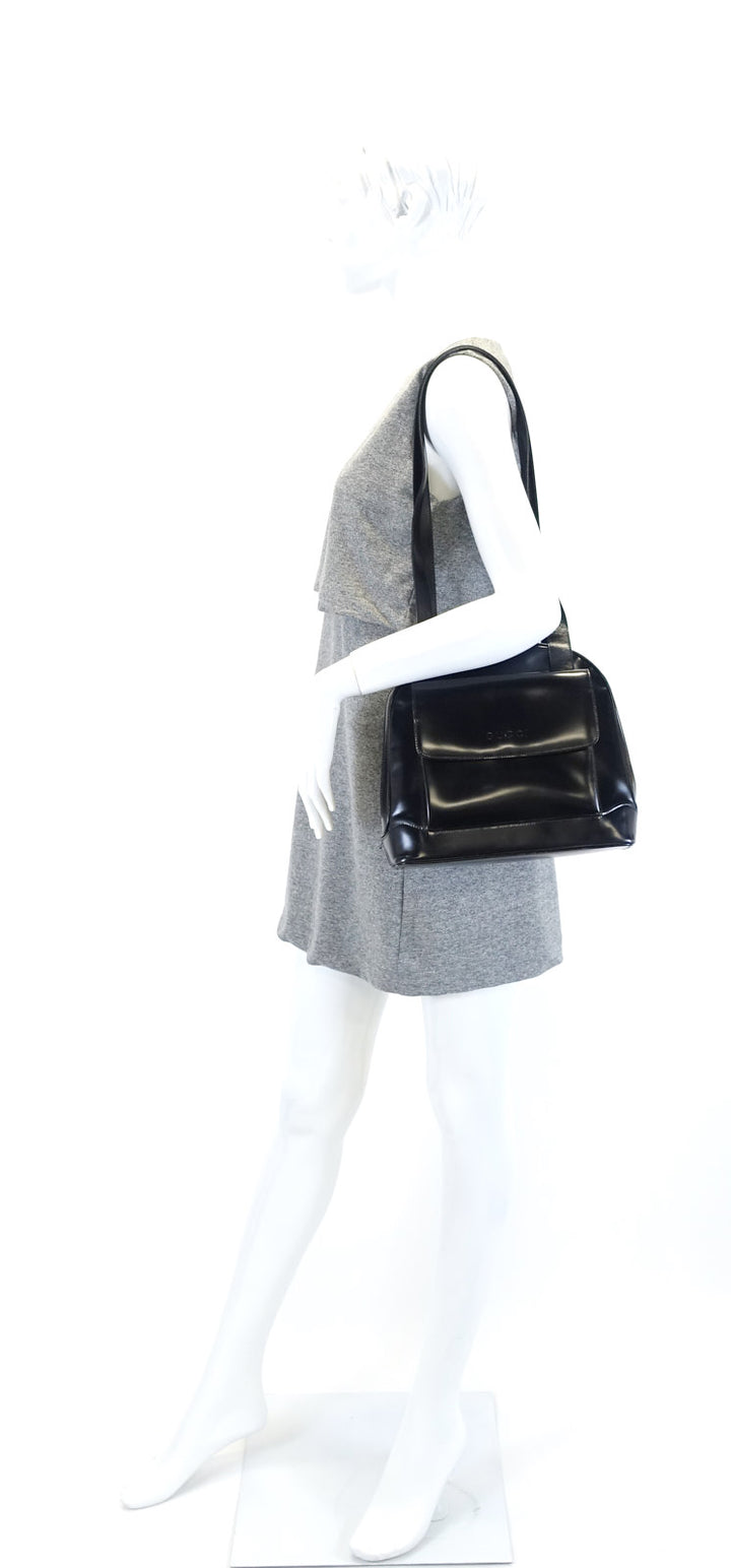 patent leather front flap pocket tote bag