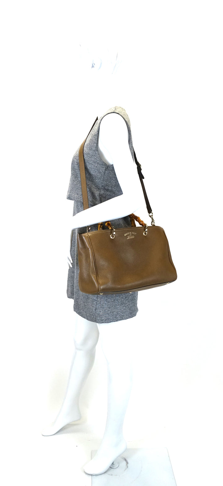 pebbled leather bamboo handle shopper tote bag
