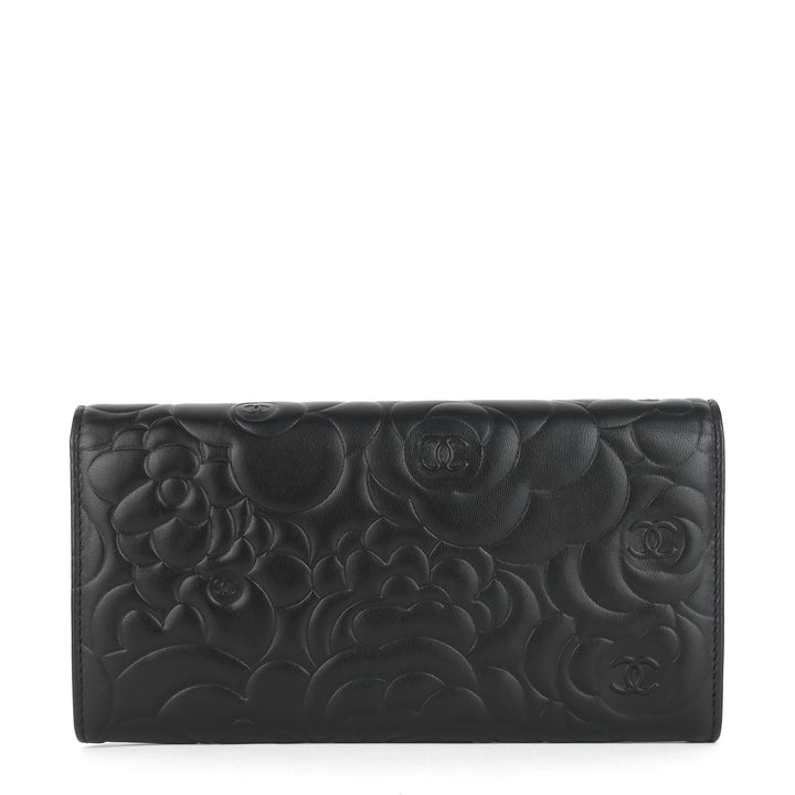 embossed camellia lambskin flap wallet