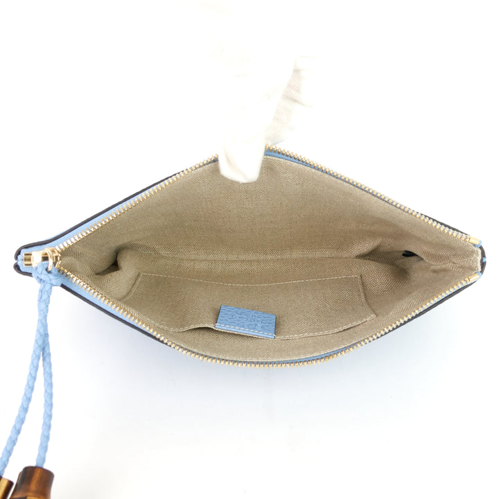 calf leather bamboo tassel zip clutch bag
