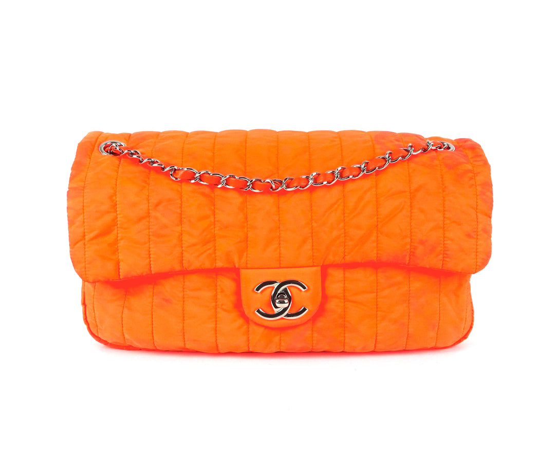 Chanel Classic Flap Soft Shell Vertical Quilted Jumbo Orange Nylon Shoulder Bag