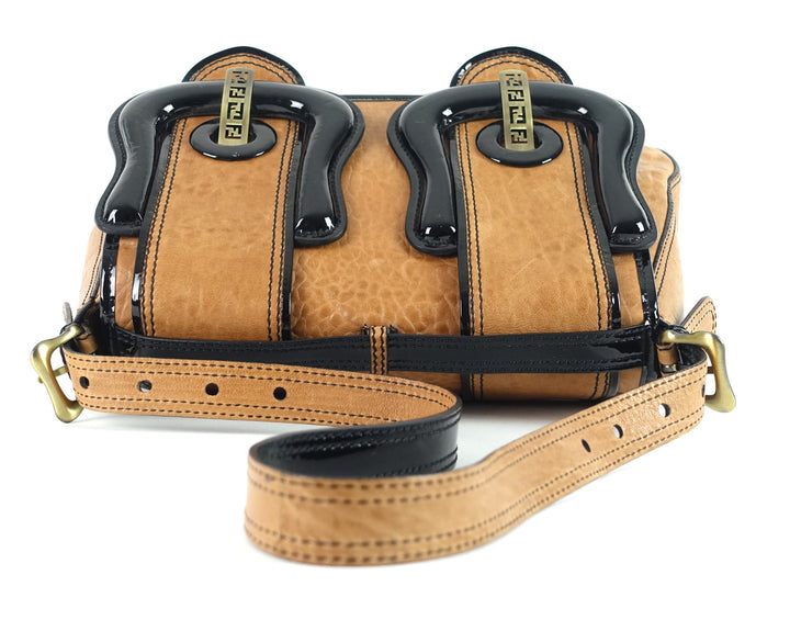 double b buckle distressed leather bag