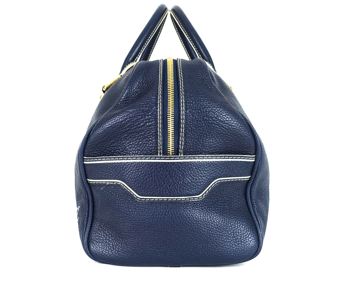 navy blue leather boston bag
