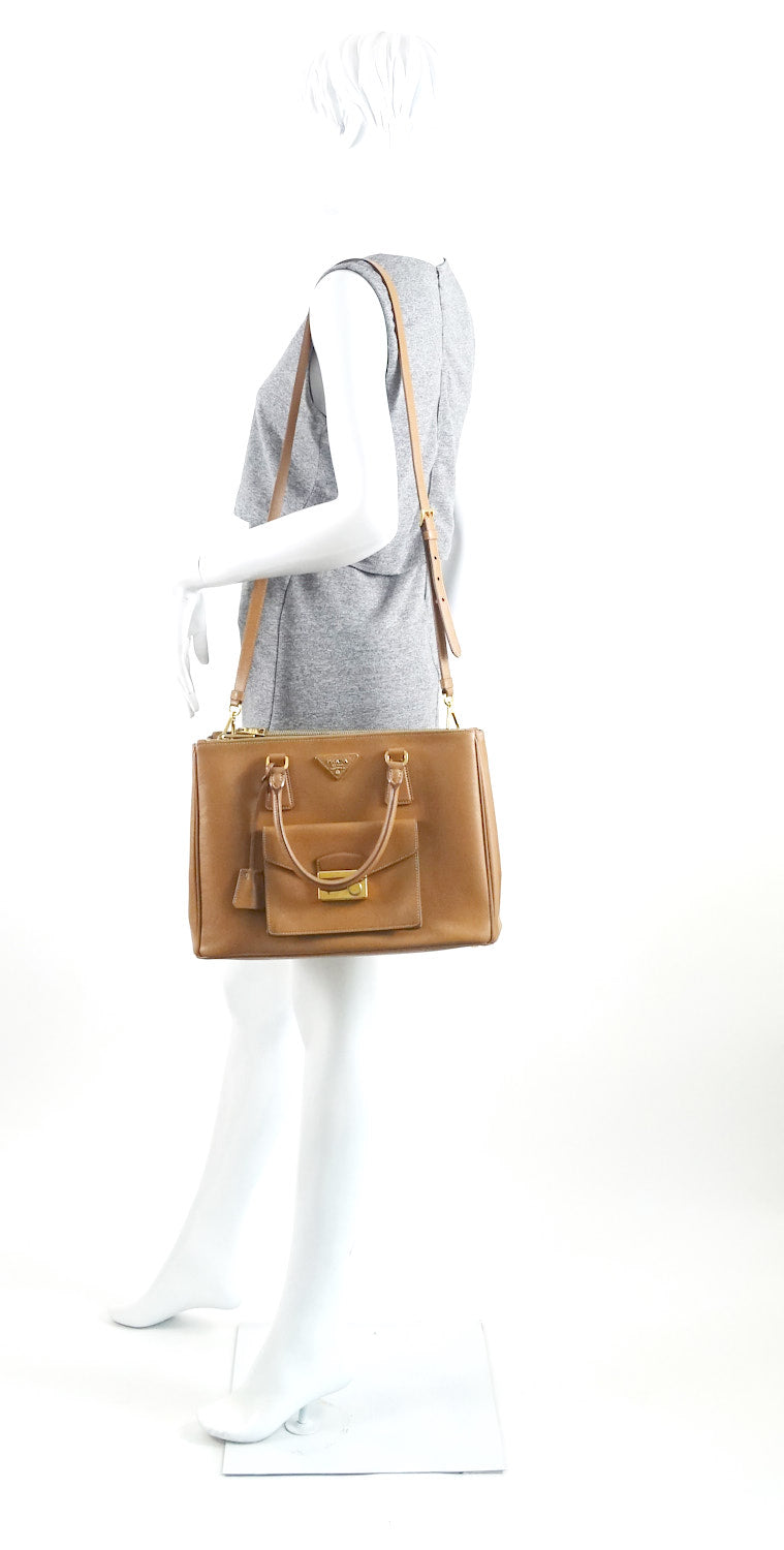 saffiano leather front pocket double-zip bag